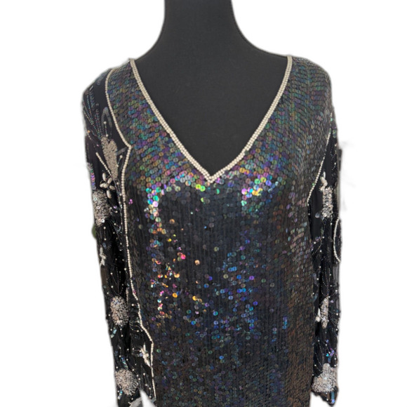 Vintage Black Beaded Silk Midi Dress Size M Embellished Minor Repair Needed - Picture 5 of 9